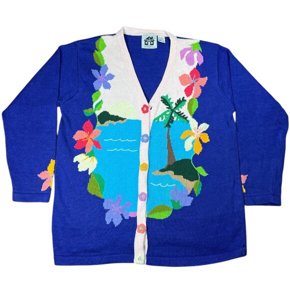 Vintage Storybook Knits Tropical Floral Cardigan Embroidered Ugly Sweater Large - Picture 1 of 7